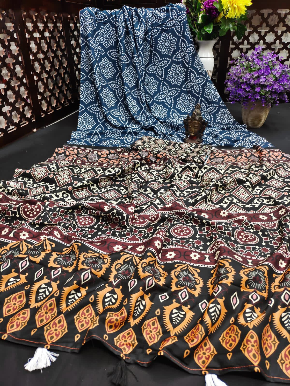Lekha VC Muslin Silk Kalamkari Print Laheriya Bandhej Saree