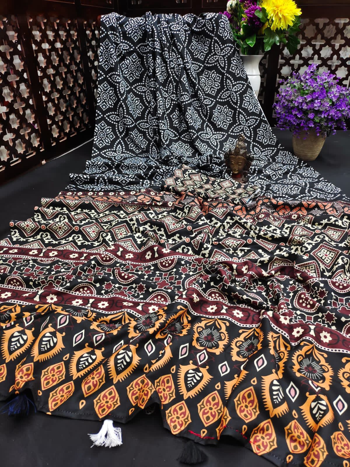 Lekha VC Muslin Silk Kalamkari Print Laheriya Bandhej Saree