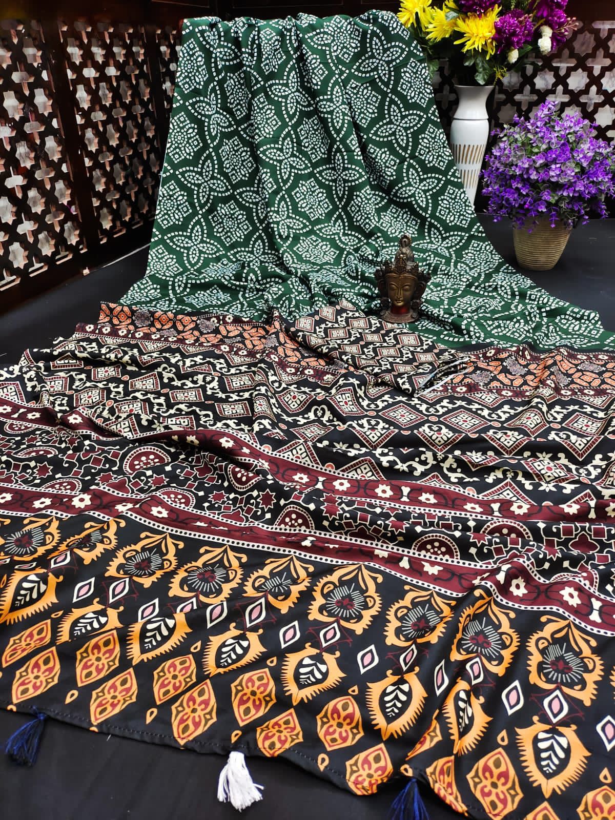 Lekha VC Muslin Silk Kalamkari Print Laheriya Bandhej Saree