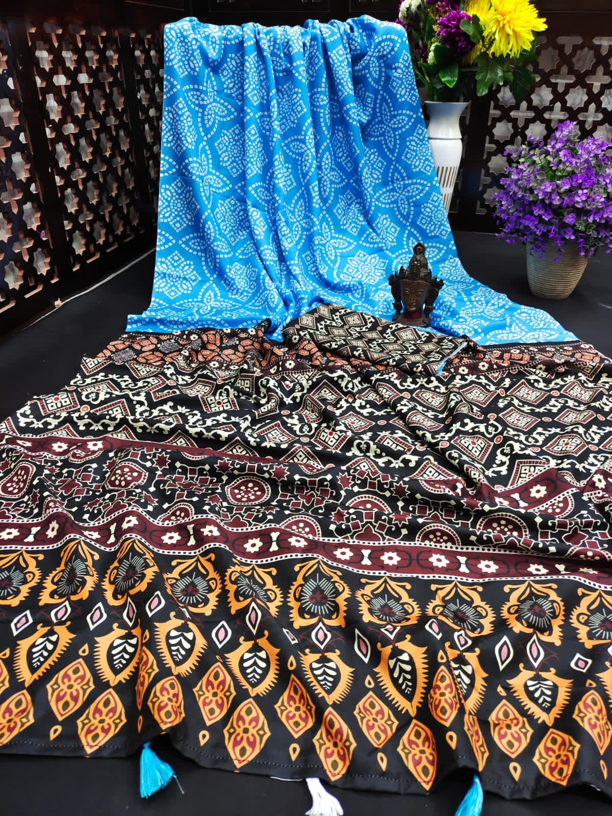 Lekha VC Muslin Silk Kalamkari Print Laheriya Bandhej Saree