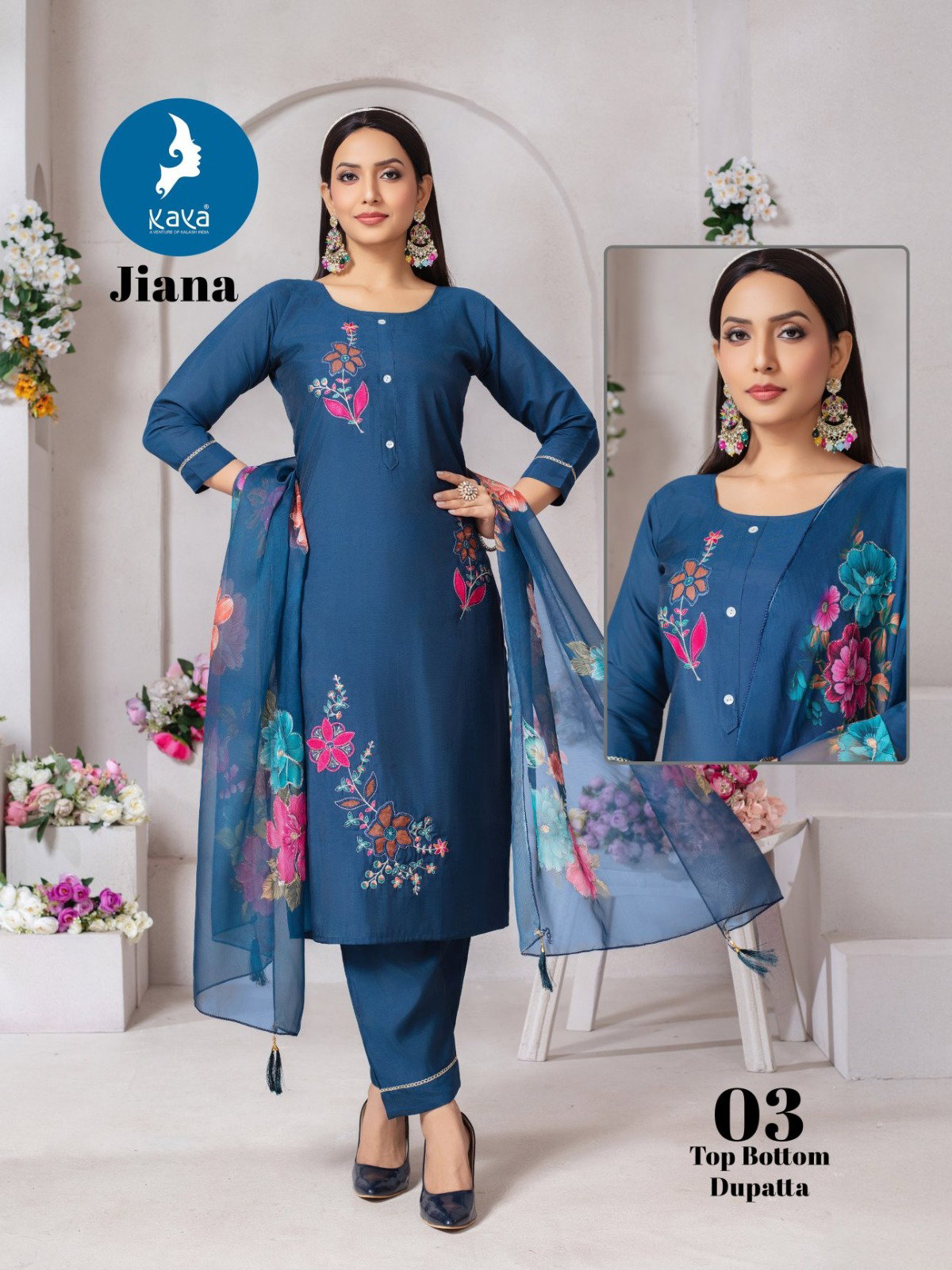 Kaya Jiana Roman Silk With Work Kurti Pant And Dupatta Collection