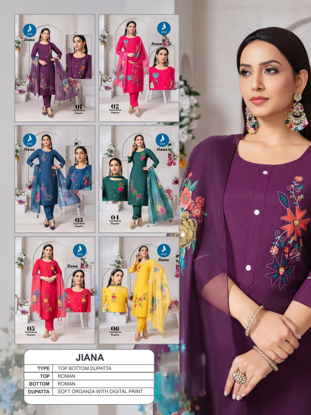 Kaya Jiana Roman Silk With Work Kurti Pant And Dupatta Collection