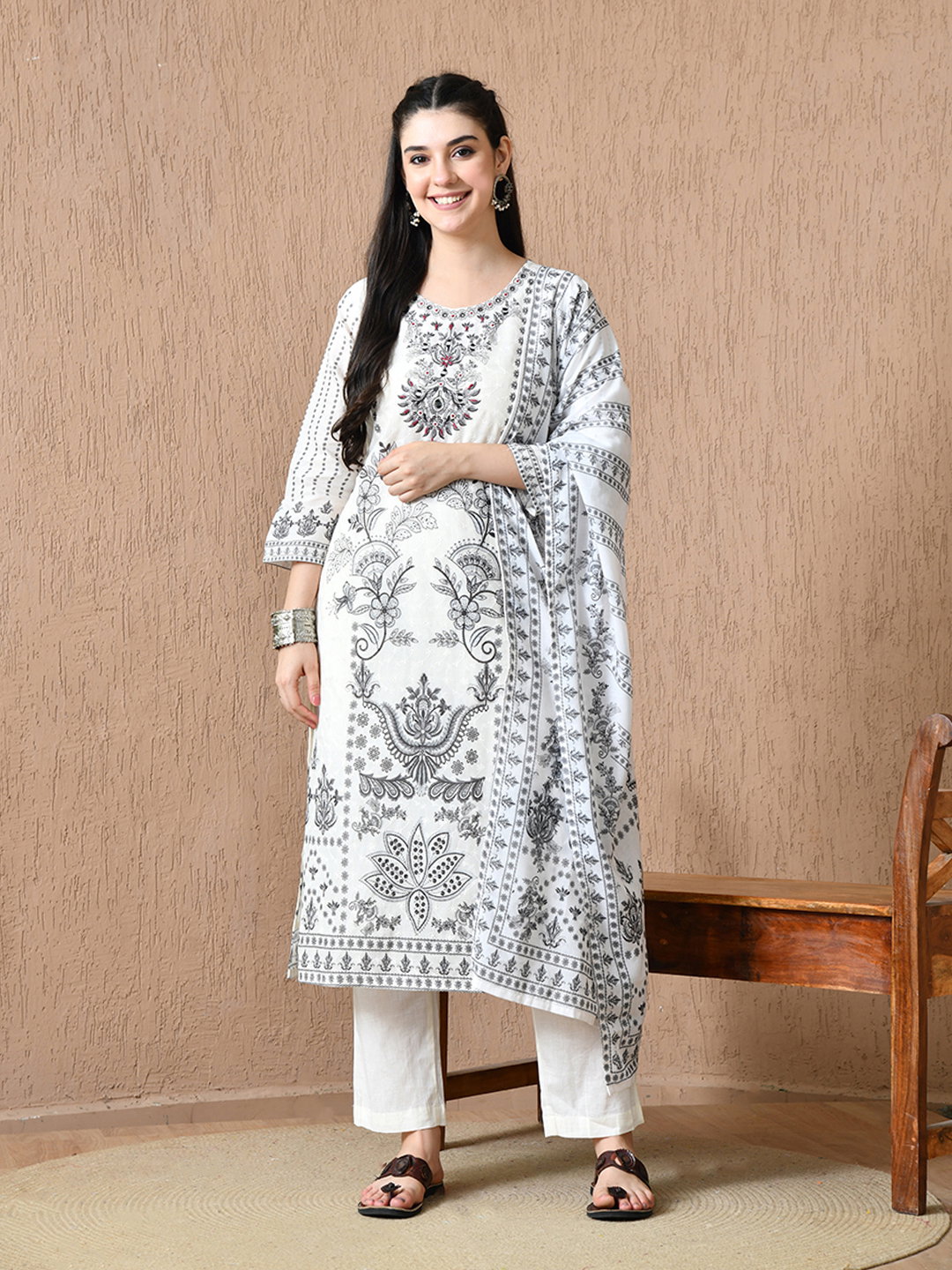 Hr 1544 Poly Schiffli Hand Work Kurti Bottom And Dupatta Collection