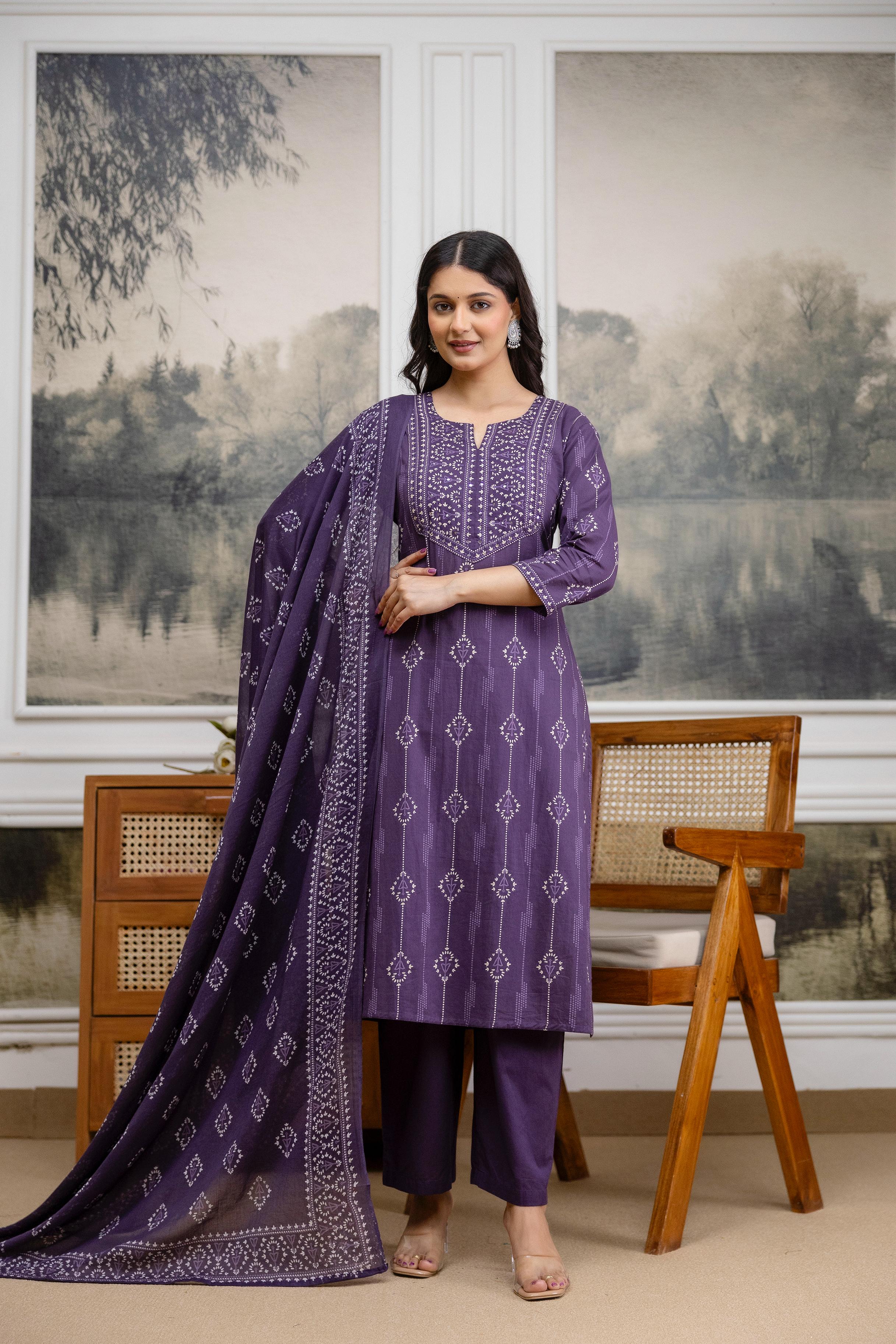 Naisha K 556 Mal Cotton With Embroidery Work Kurti Pant And Dupatta
