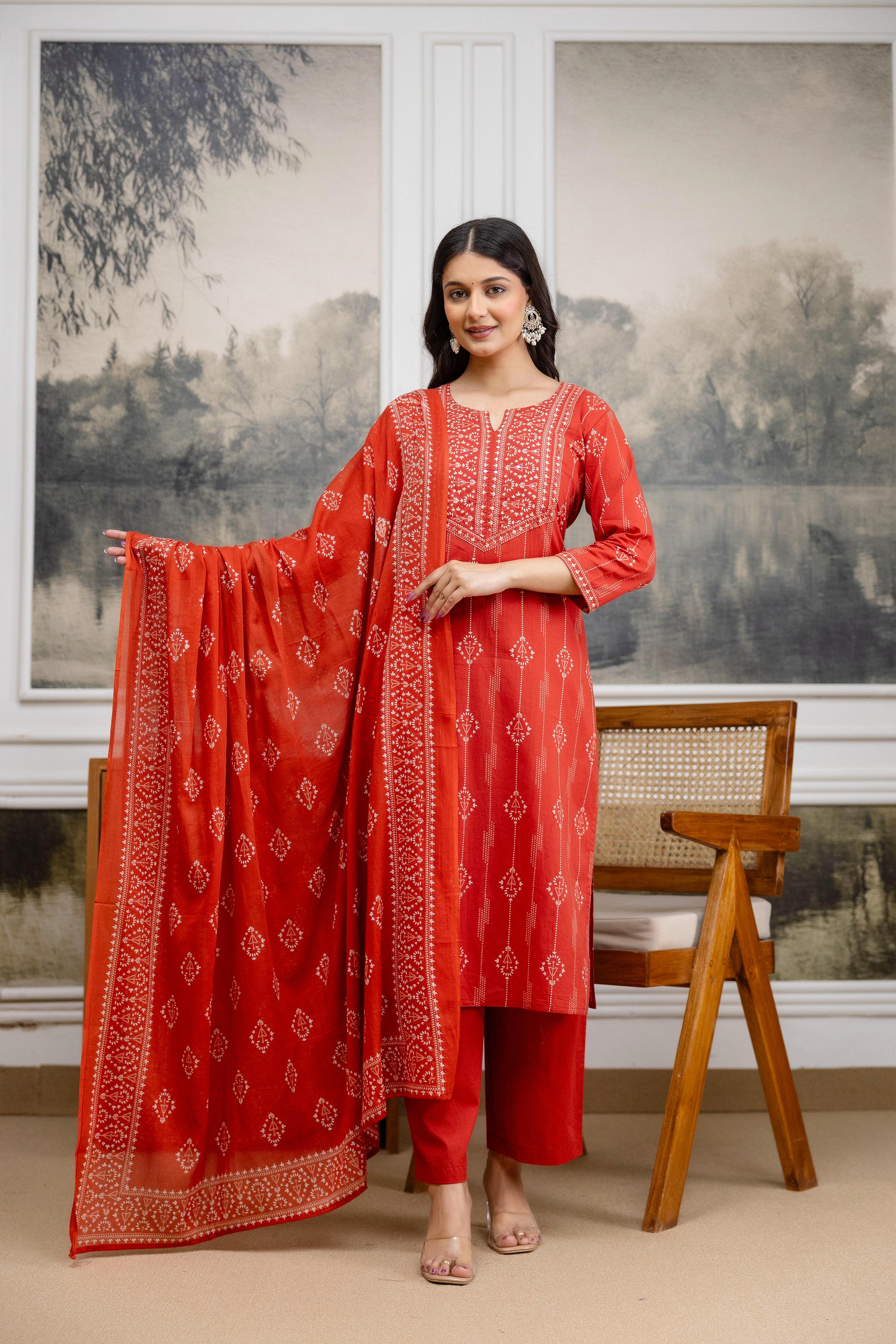 Naisha K 556 Mal Cotton With Embroidery Work Kurti Pant And Dupatta