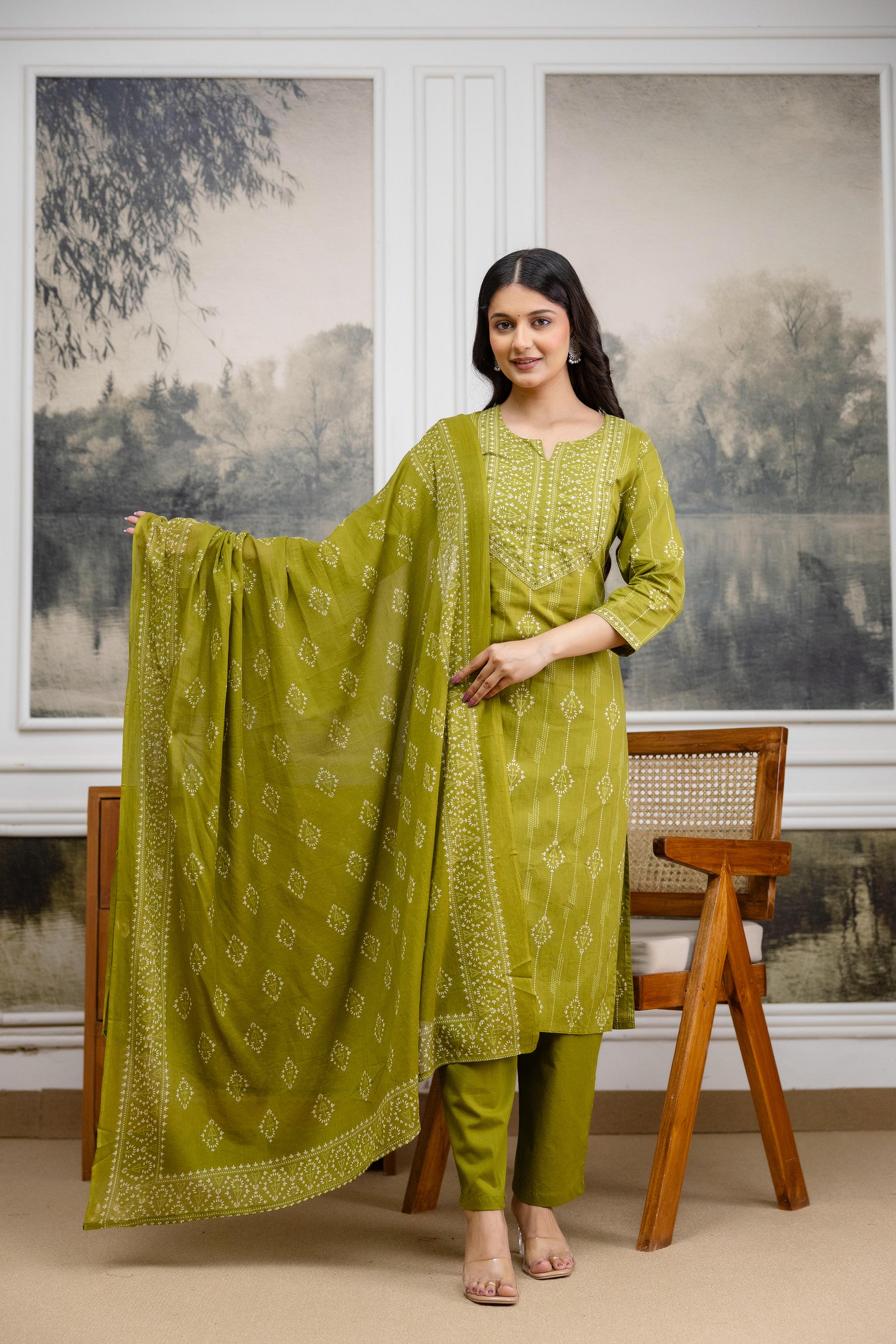 Naisha K 556 Mal Cotton With Embroidery Work Kurti Pant And Dupatta