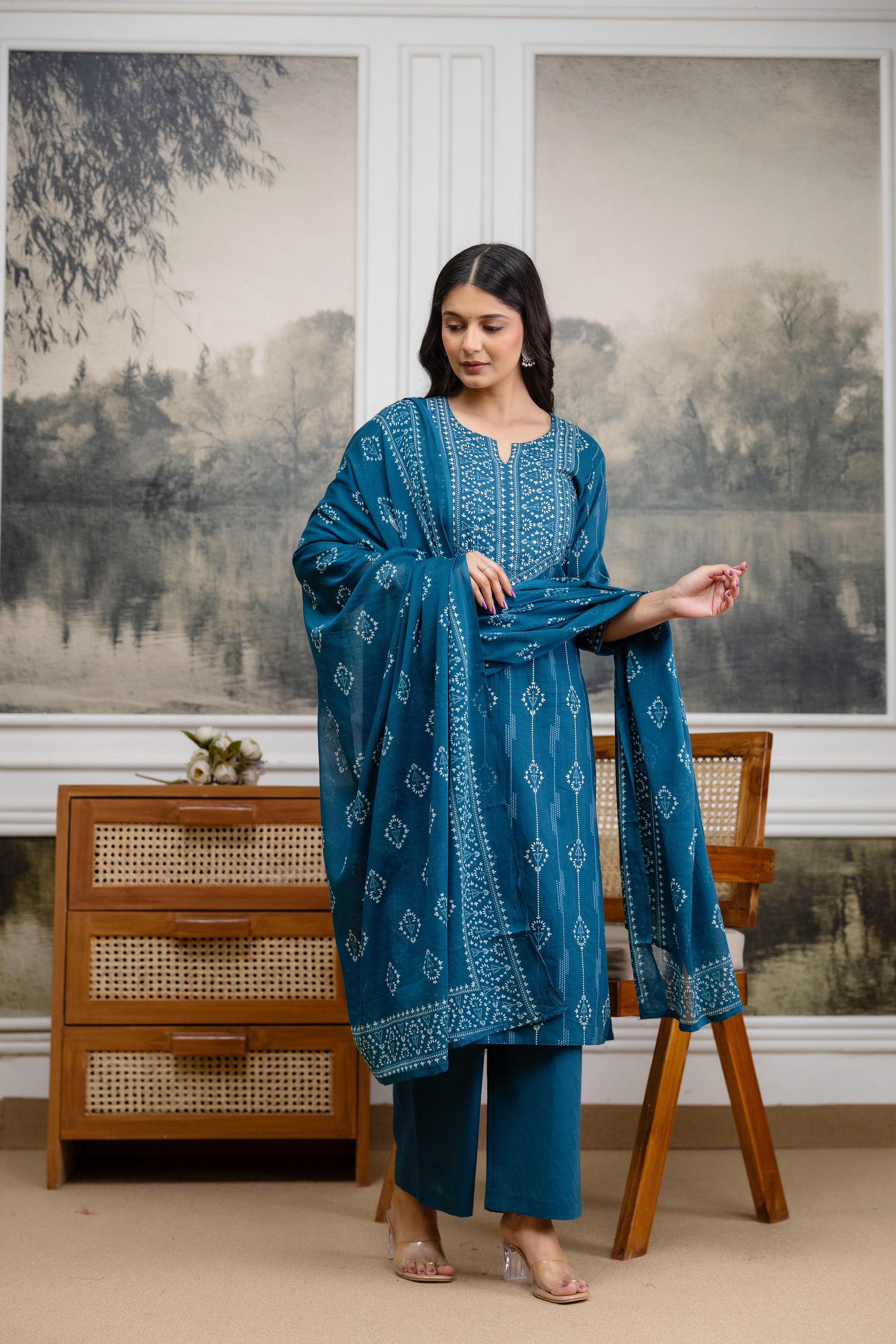 Naisha K 556 Mal Cotton With Embroidery Work Kurti Pant And Dupatta