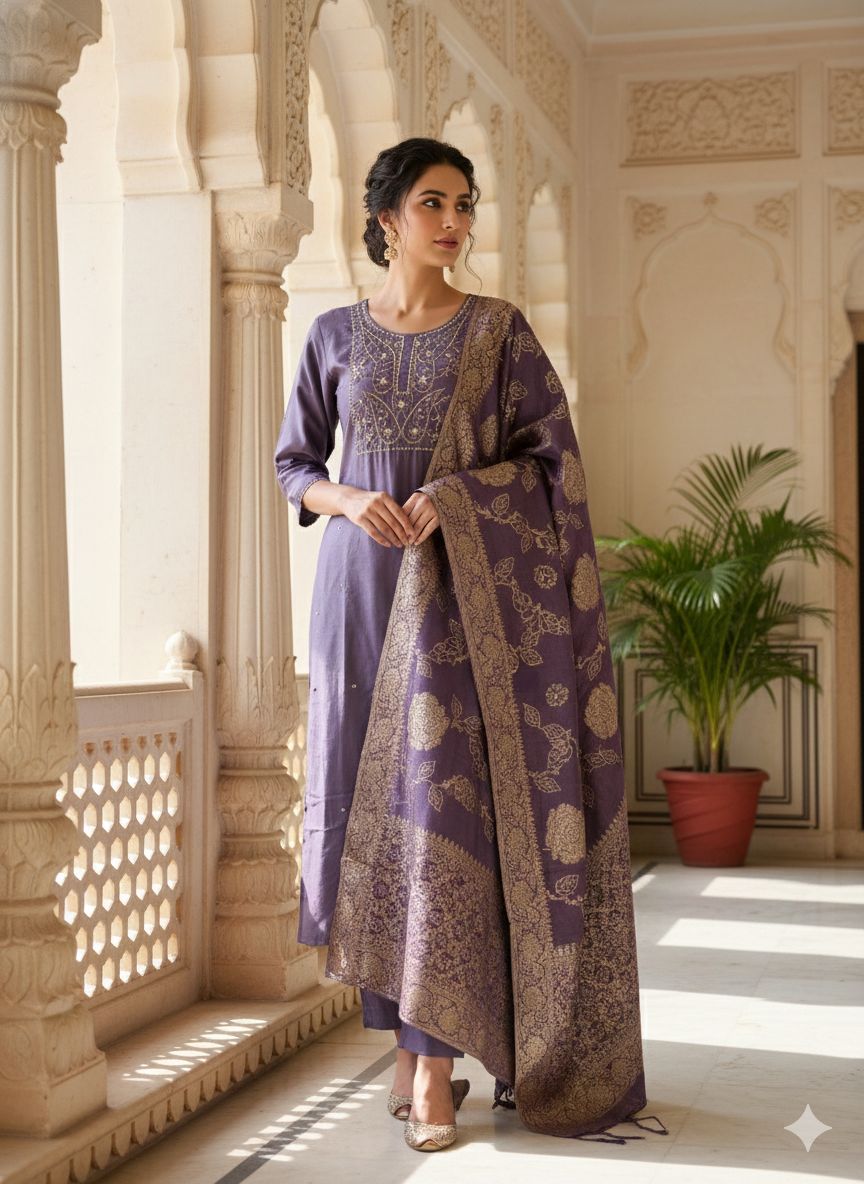 Naisha K 555 Roman Silk With Handwork Kurti Pant And Dupatta Collection