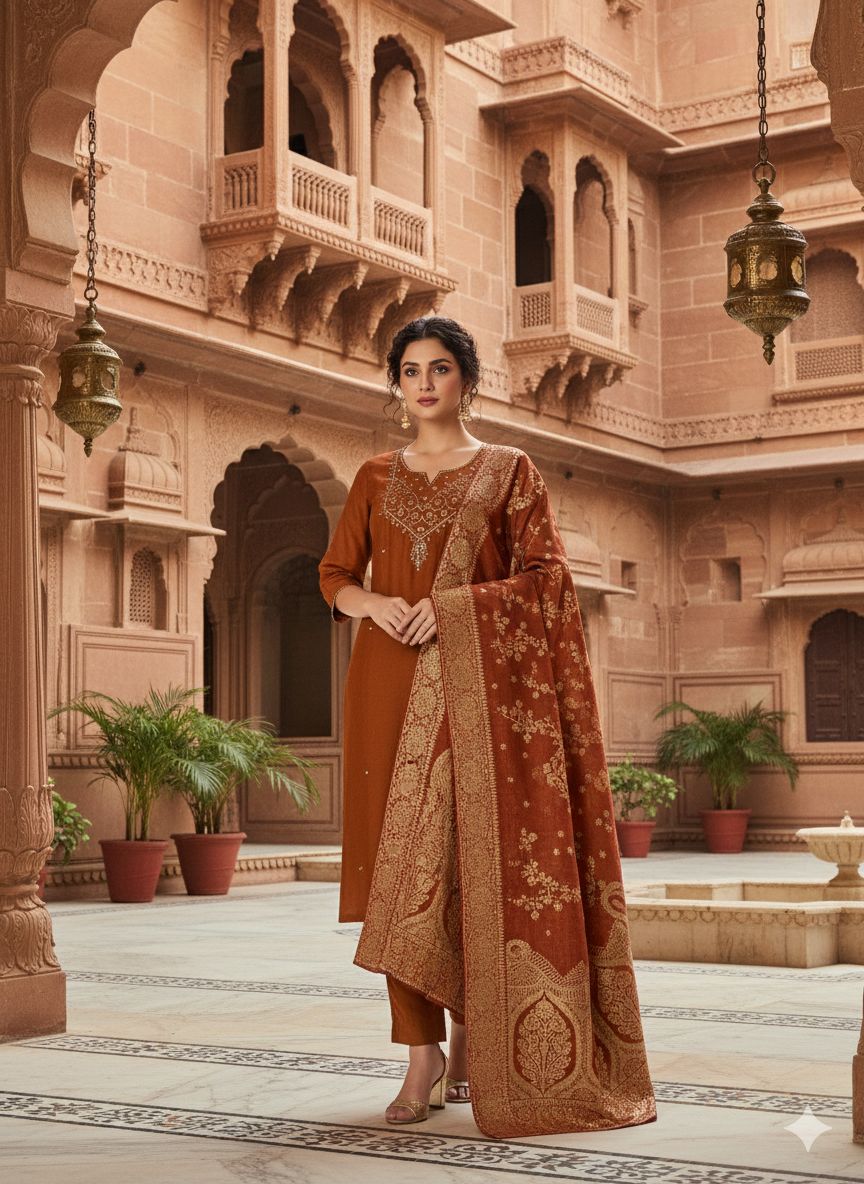 Naisha K 555 Roman Silk With Handwork Kurti Pant And Dupatta Collection