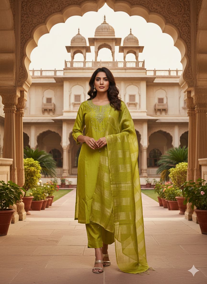 Naisha K 555 Roman Silk With Handwork Kurti Pant And Dupatta Collection