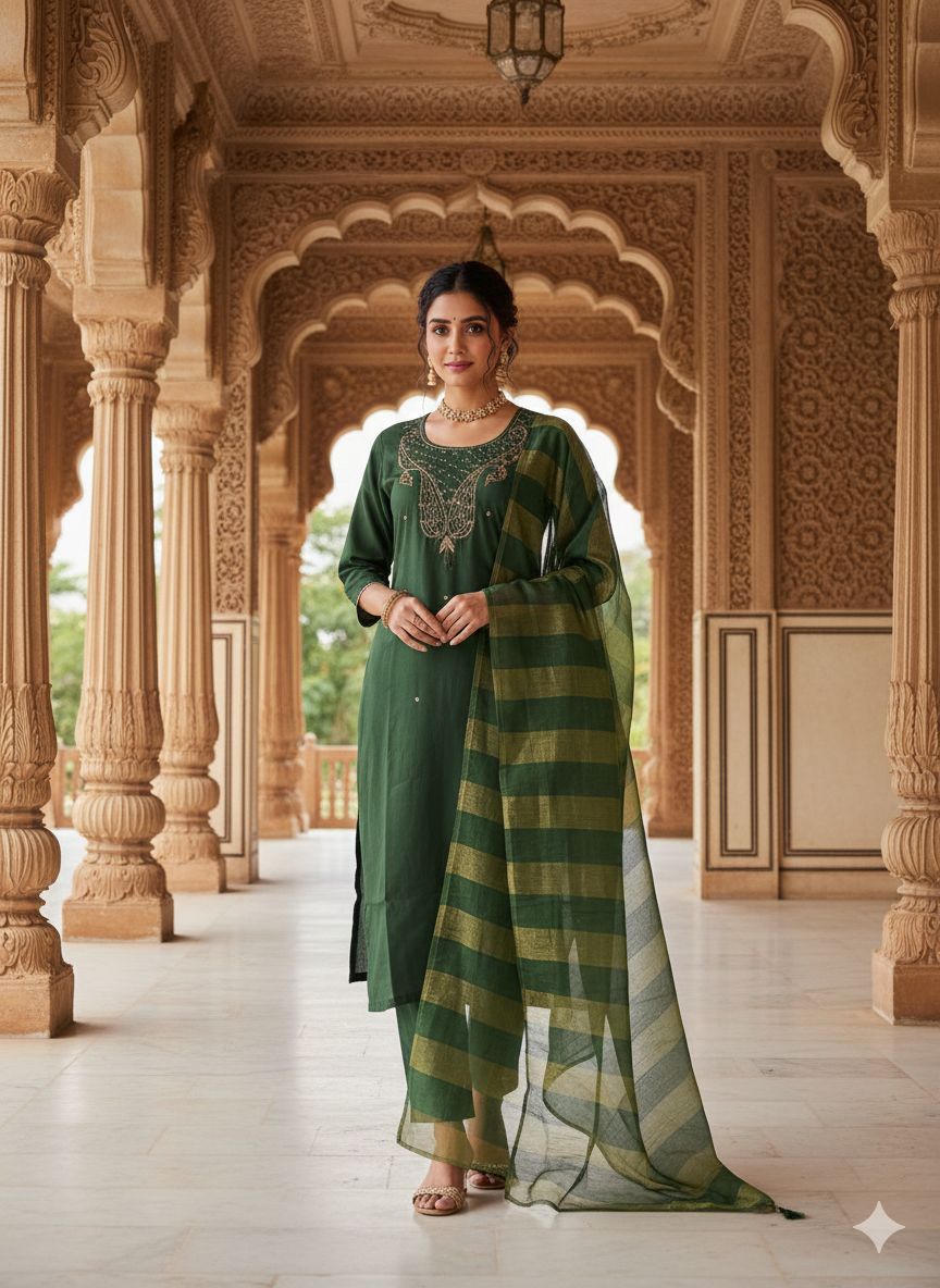 Naisha K 555 Roman Silk With Handwork Kurti Pant And Dupatta Collection