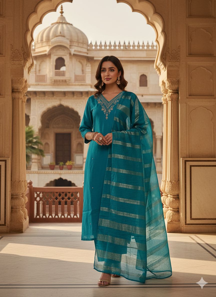 Naisha K 555 Roman Silk With Handwork Kurti Pant And Dupatta Collection