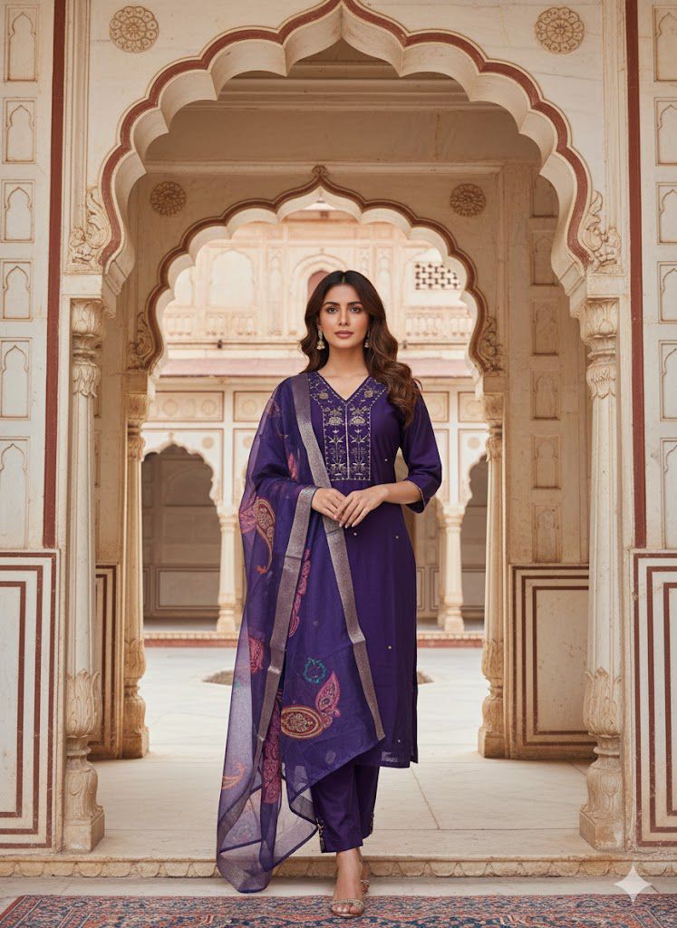 Naisha K 555 Roman Silk With Handwork Kurti Pant And Dupatta Collection
