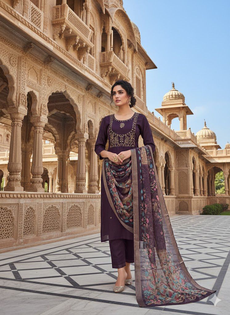 Naisha K 555 Roman Silk With Handwork Kurti Pant And Dupatta Collection