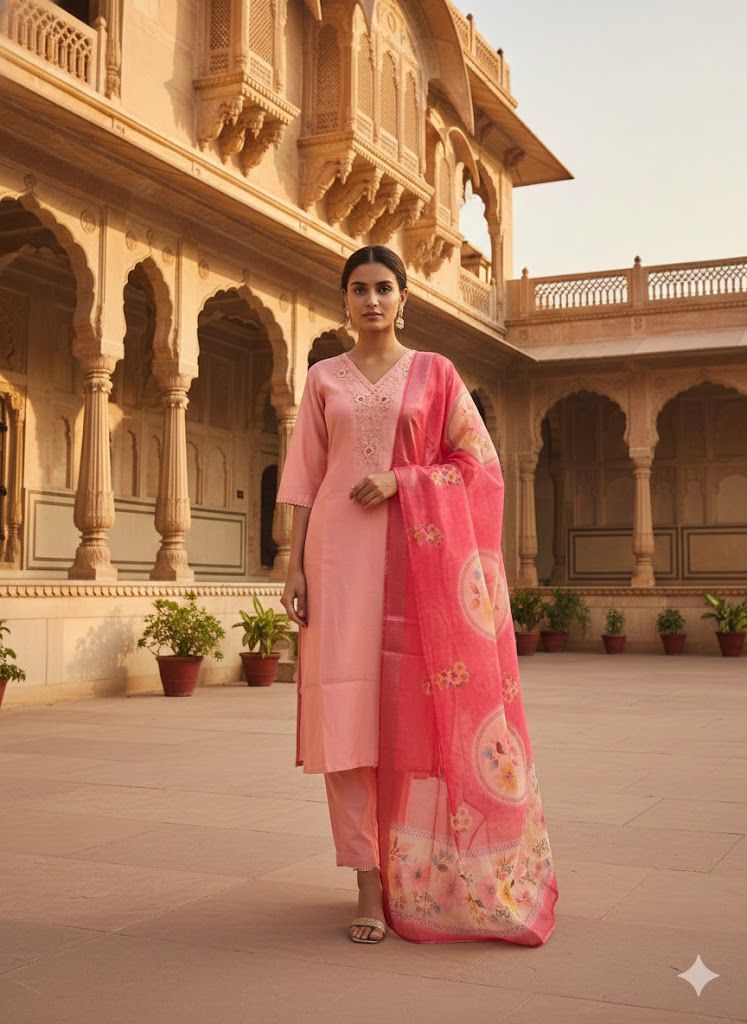 Naisha K 555 Roman Silk With Handwork Kurti Pant And Dupatta Collection