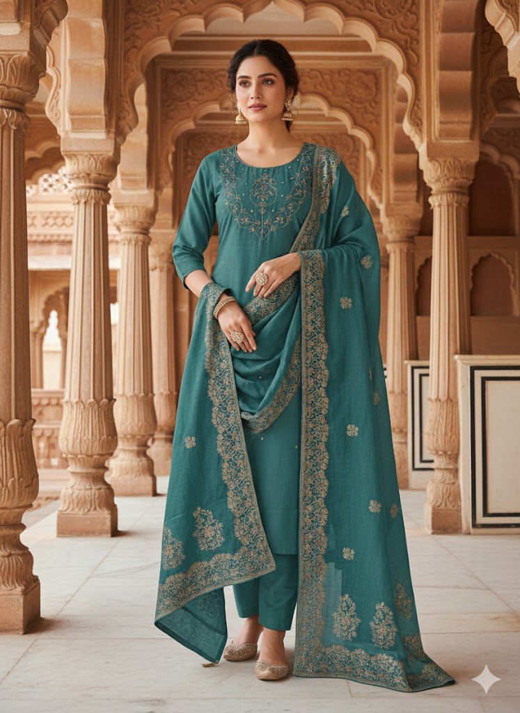 Naisha K 555 Roman Silk With Handwork Kurti Pant And Dupatta Collection