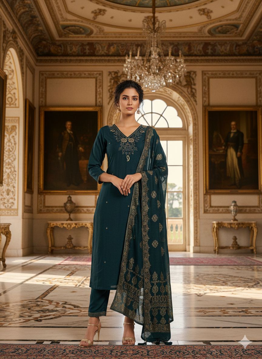 Naisha K 555 Roman Silk With Handwork Kurti Pant And Dupatta Collection