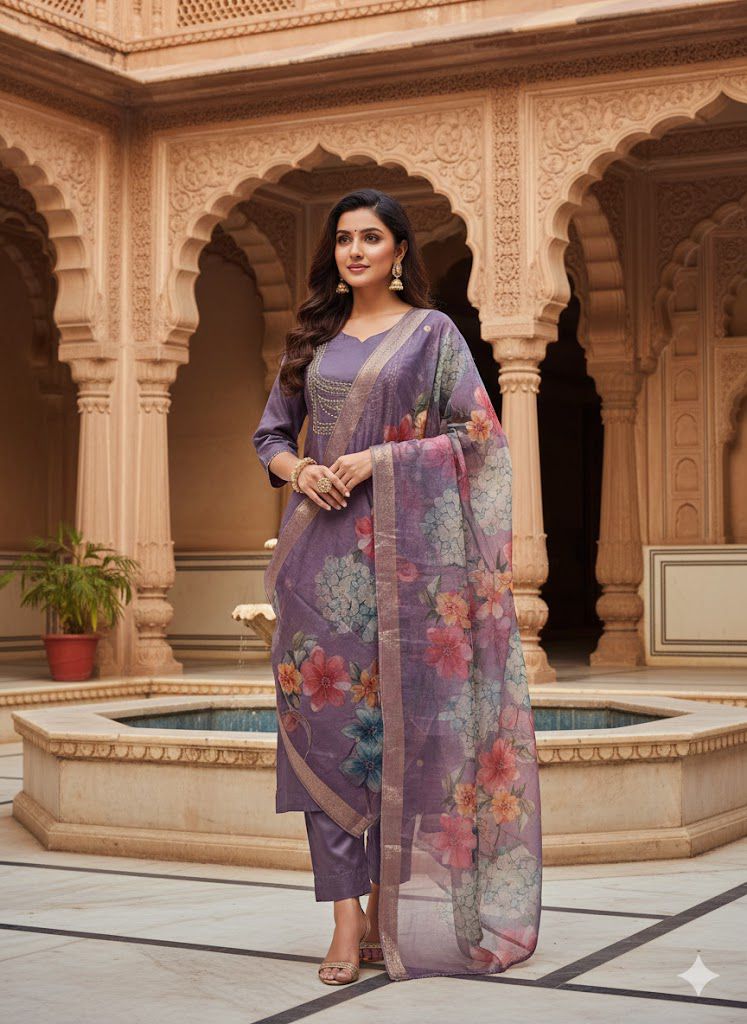 Naisha K 555 Roman Silk With Handwork Kurti Pant And Dupatta Collection