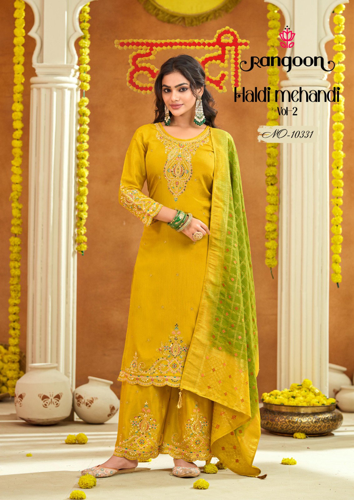 Rangoon Haldi Mehendi Vol 2 Chinon Heavy Code Work Kurti Bottom With Dupatta