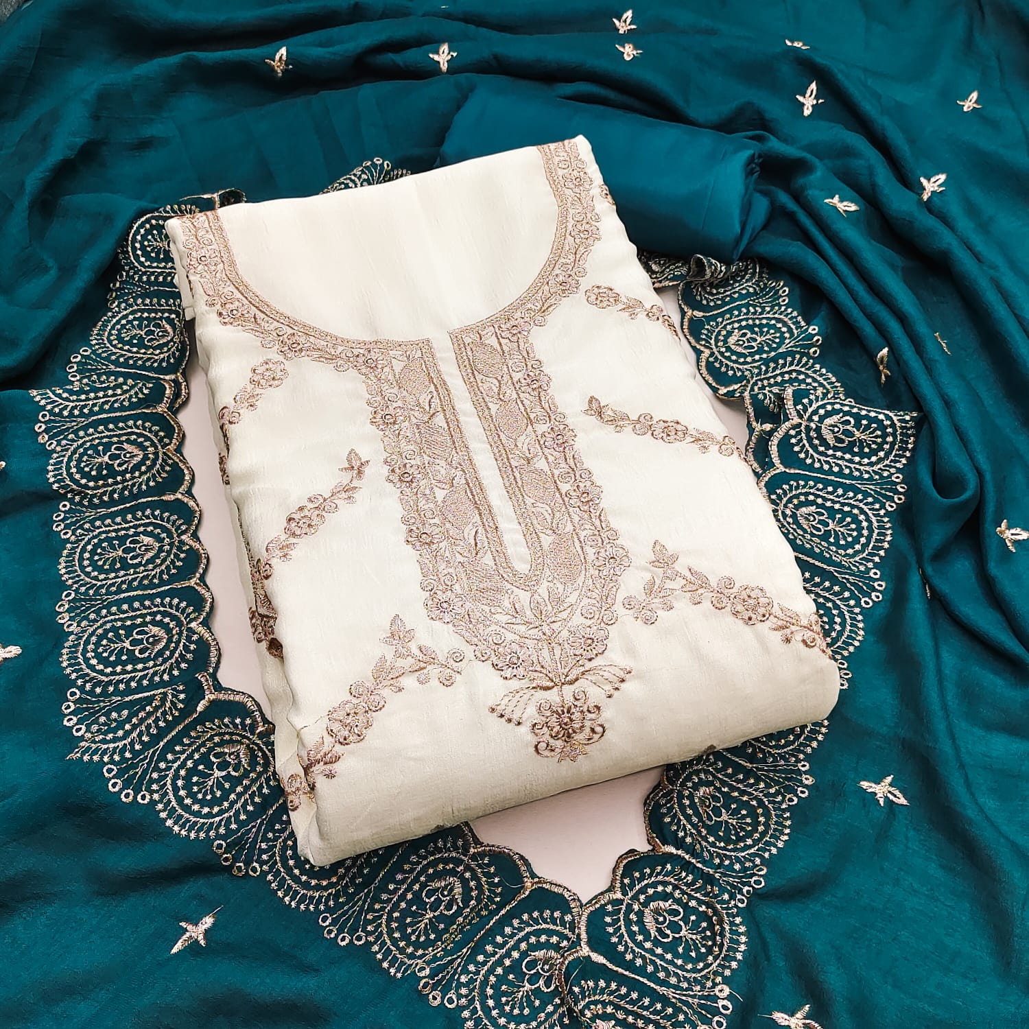 Designer Tea Rose Vichitra Silk Multi Emboideary Work Dress Material Collection 
