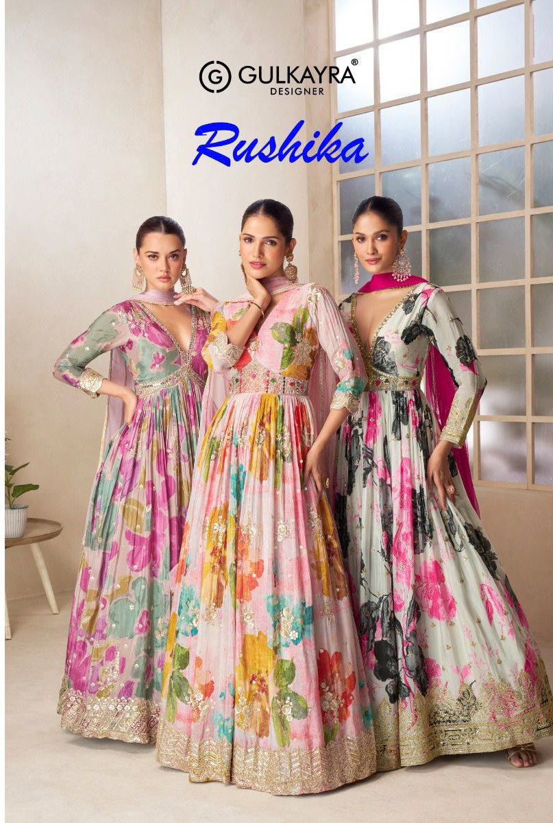 Gulkayra Rushika Chinon Digital With Embroidery Work Gown And Dupatta