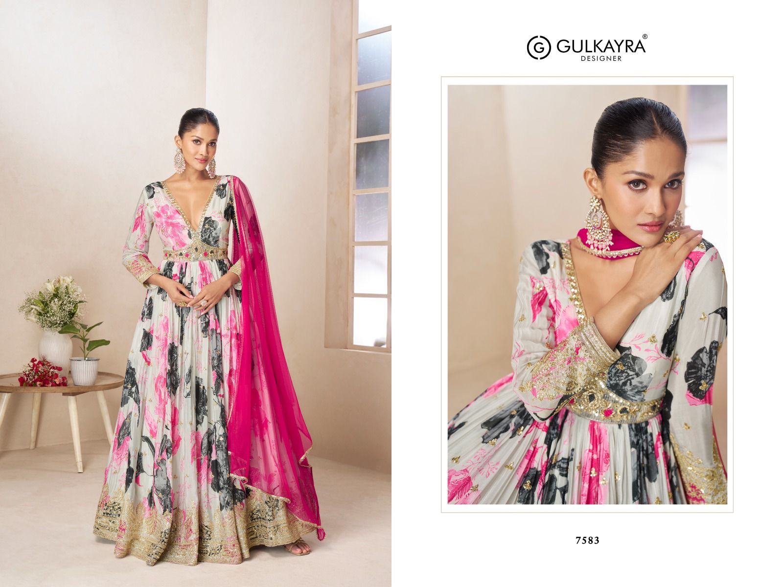Gulkayra Rushika Chinon Digital With Embroidery Work Gown And Dupatta