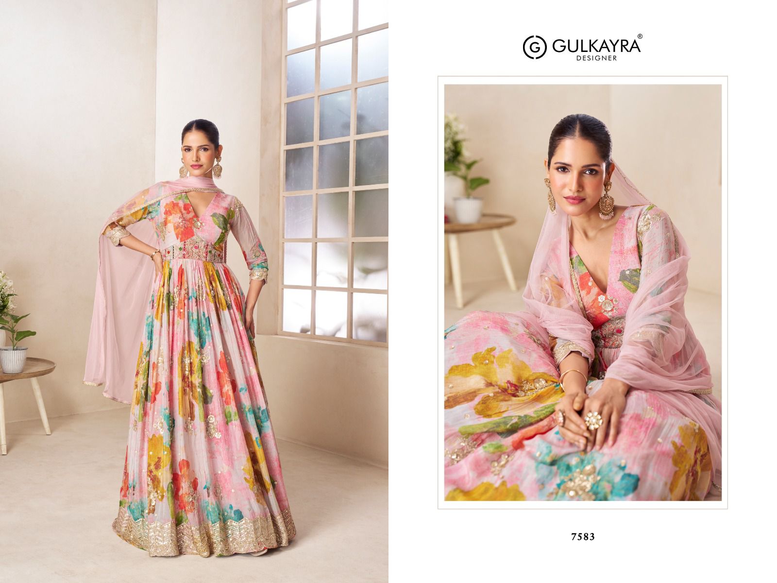 Gulkayra Rushika Chinon Digital With Embroidery Work Gown And Dupatta