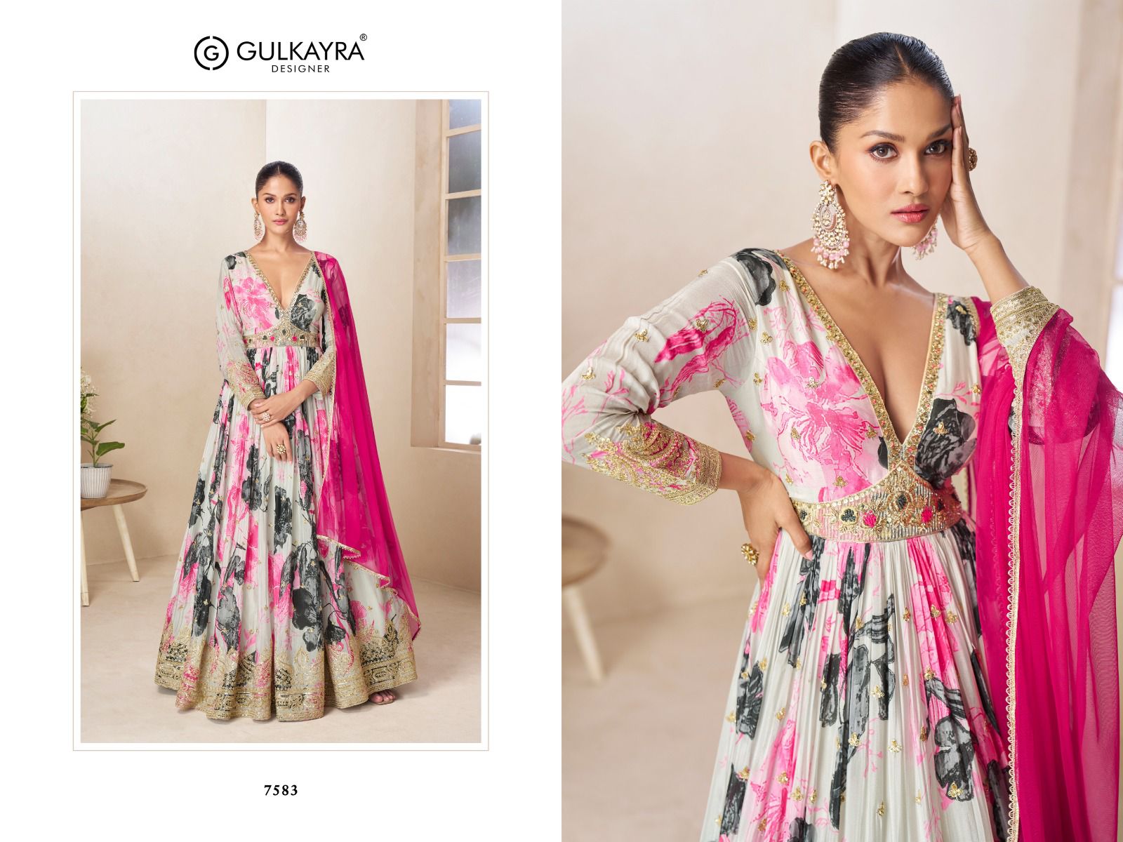 Gulkayra Rushika Chinon Digital With Embroidery Work Gown And Dupatta