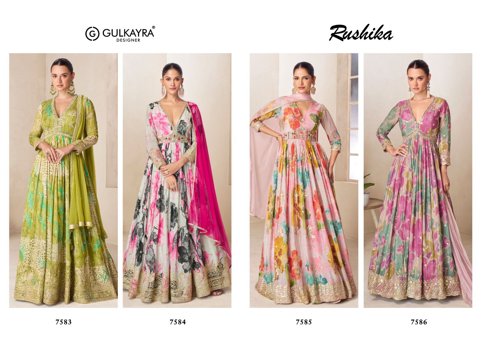 Gulkayra Rushika Chinon Digital With Embroidery Work Gown And Dupatta