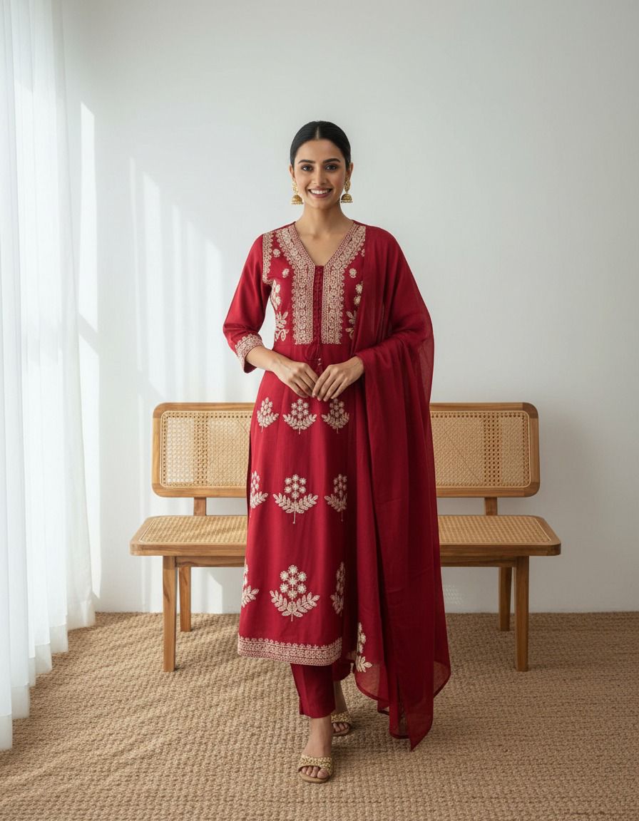 Naisha K 560 Mal Cotton With Embroidery Kurti Pant And Dupatta Collection