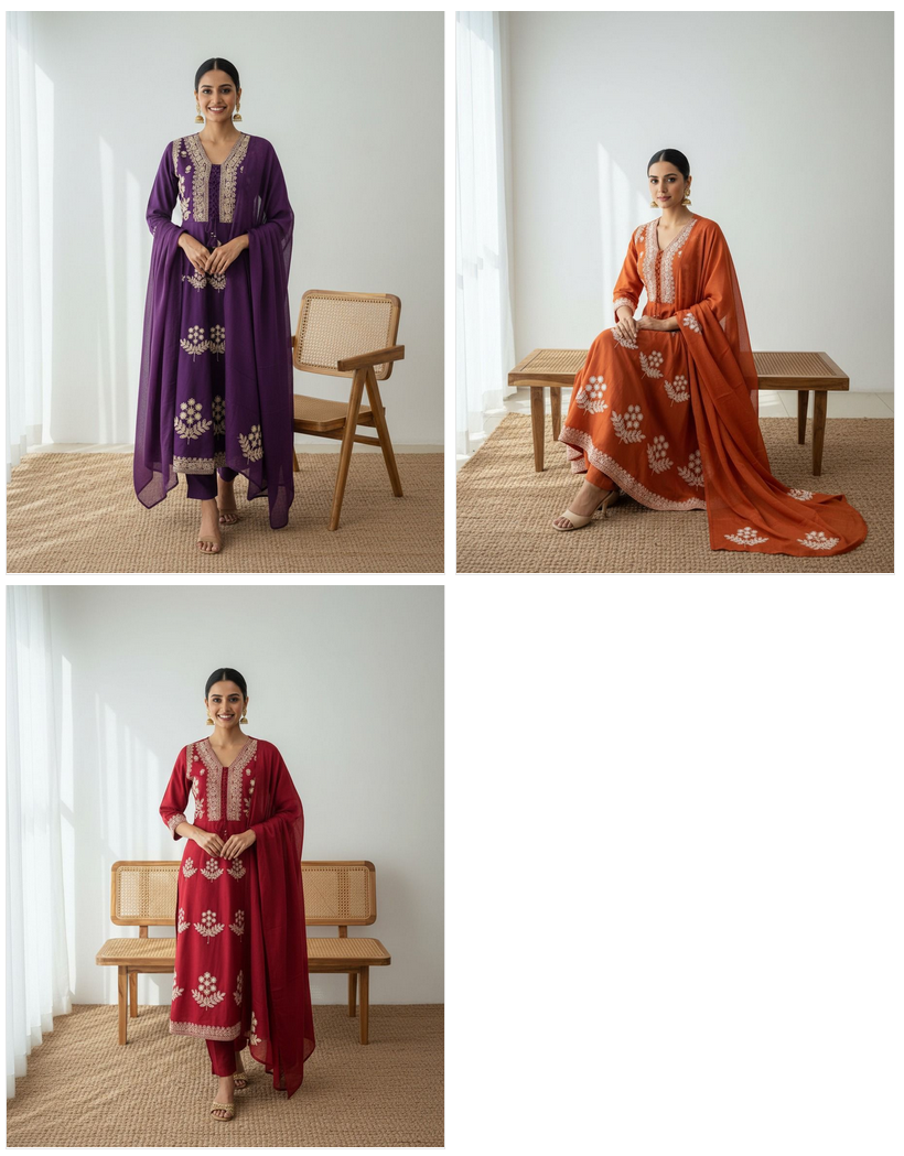 Naisha K 560 Mal Cotton With Embroidery Kurti Pant And Dupatta Collection