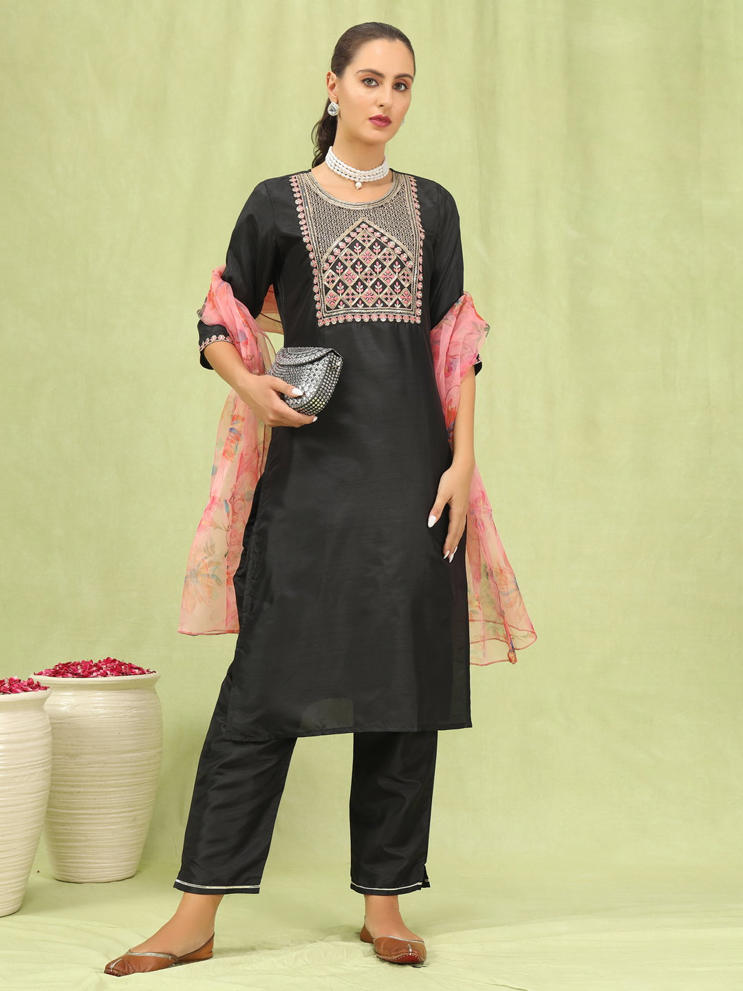 VP 9575 Black Women Kurta and Trousers Pant Set Silk Blend