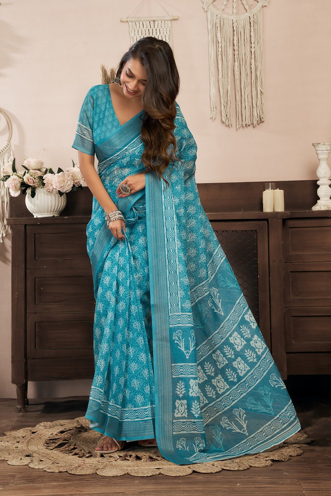 Meera 329 Party Wear Printed Linen Fabric Ready to Wear Saree with Un Stitched Blouse