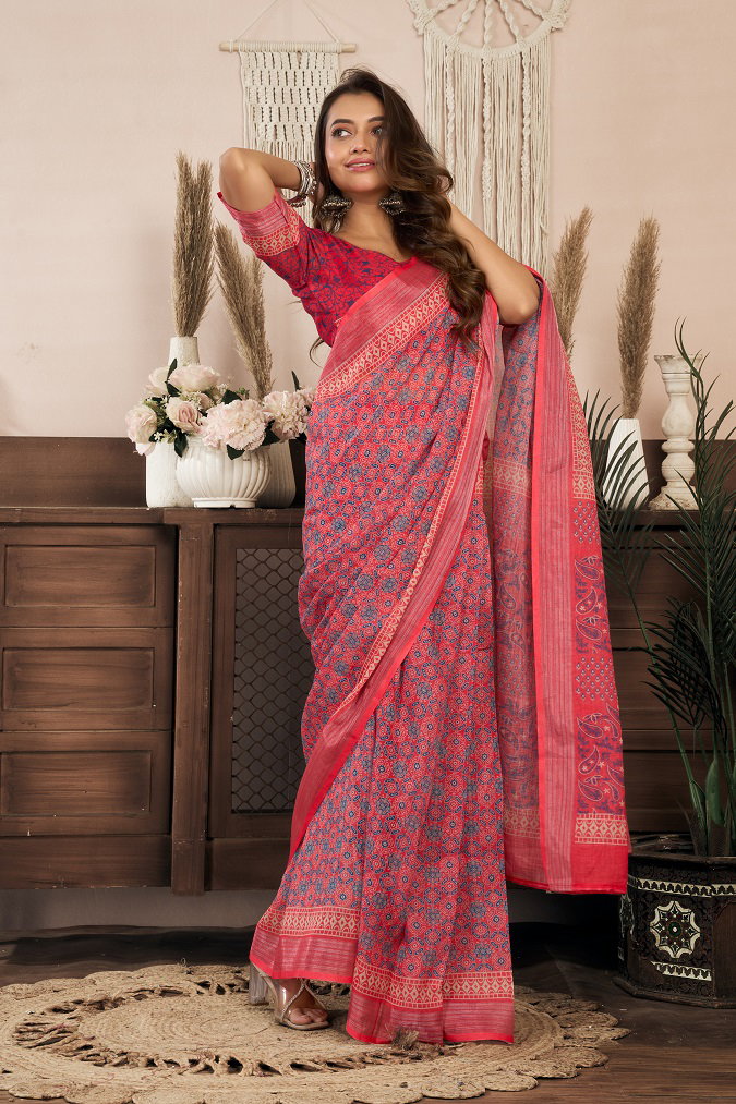 Meera 329 Party Wear Printed Linen Fabric Ready to Wear Saree with Un Stitched Blouse
