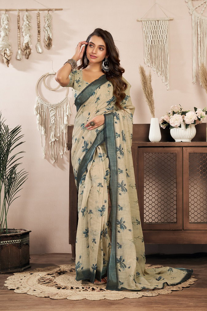 Meera 329 Party Wear Printed Linen Fabric Ready to Wear Saree with Un Stitched Blouse