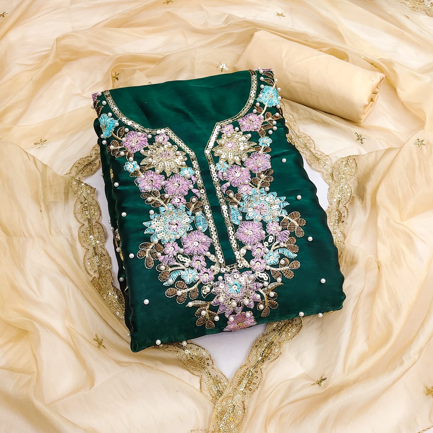 Designer Riyasaat Vol 1 Zimichu Silk Multi Squance With Moti Work Dress Material Collection 