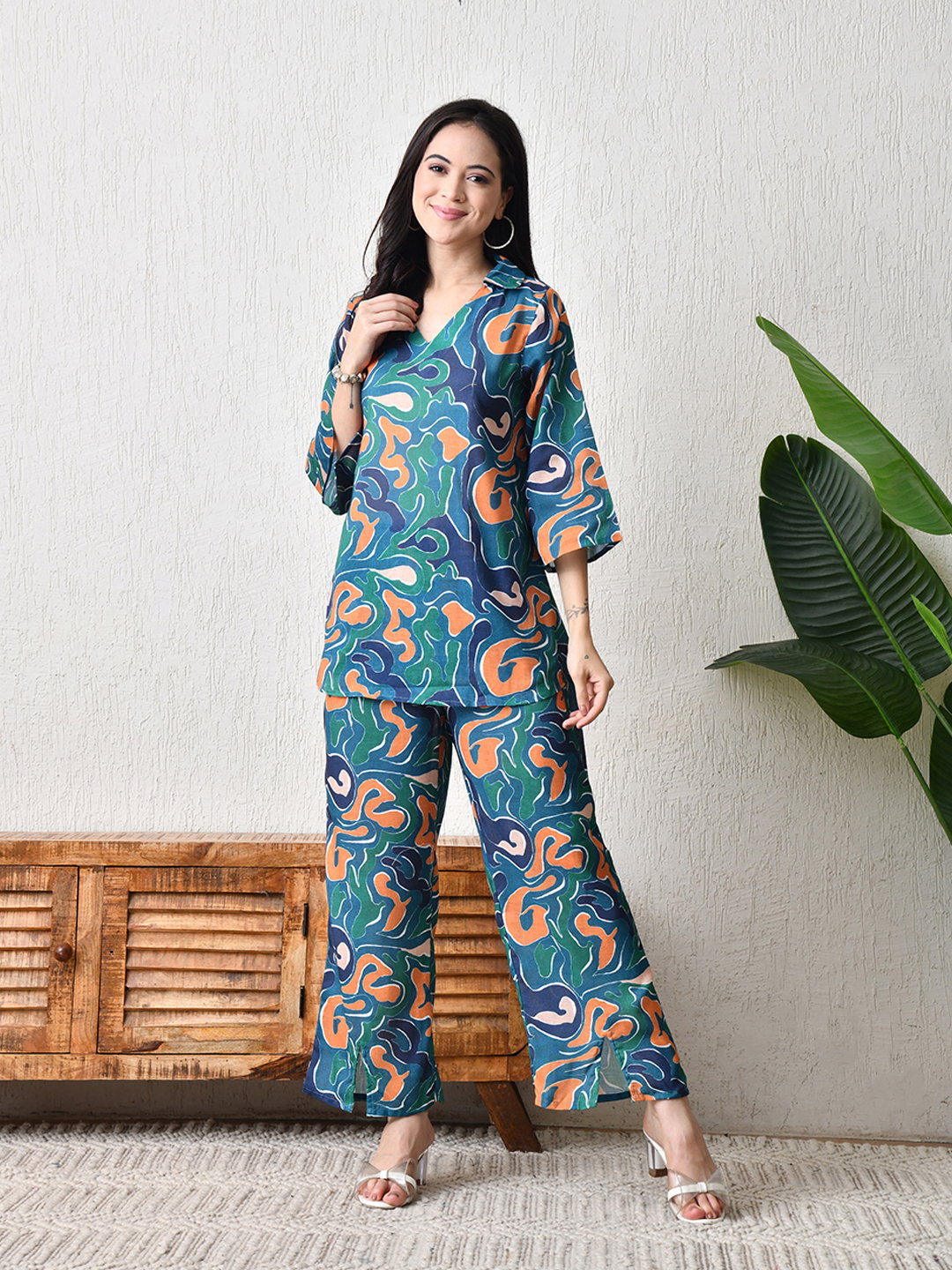 Hr C 218 Poly Linen Printed Co Ord Set