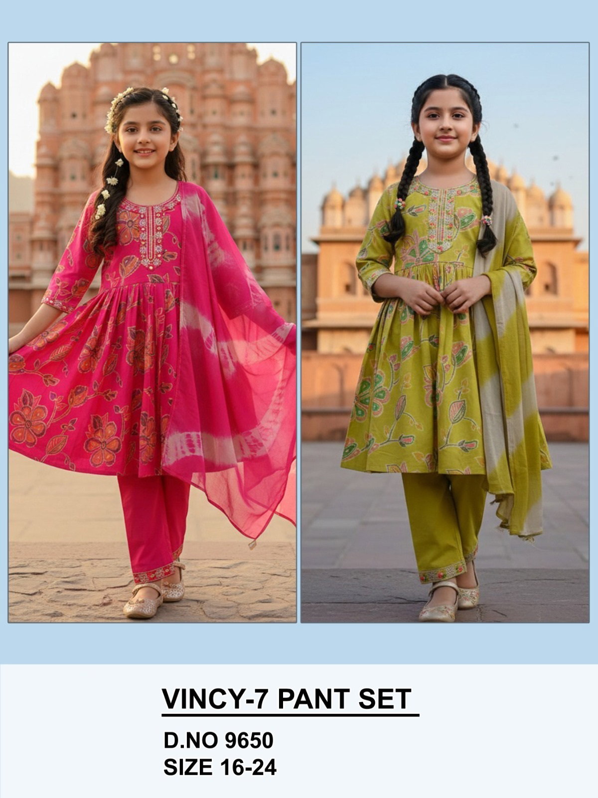Vincy Vol 7 Pant Set Roman Silk Kids Wear Kurti And Pant Dupatta Collection