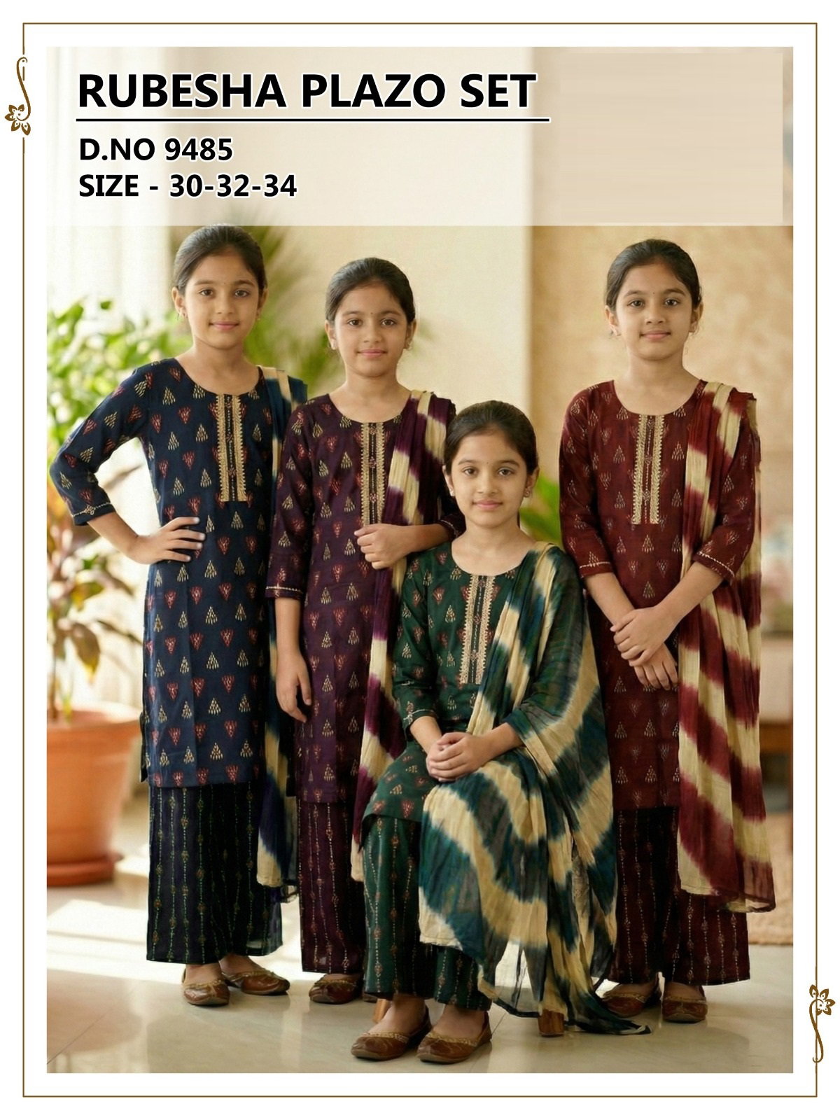 Rubesha Plazo Set 9485 Rayon Printed Kids Kurti And Bottom Dupatta Collection