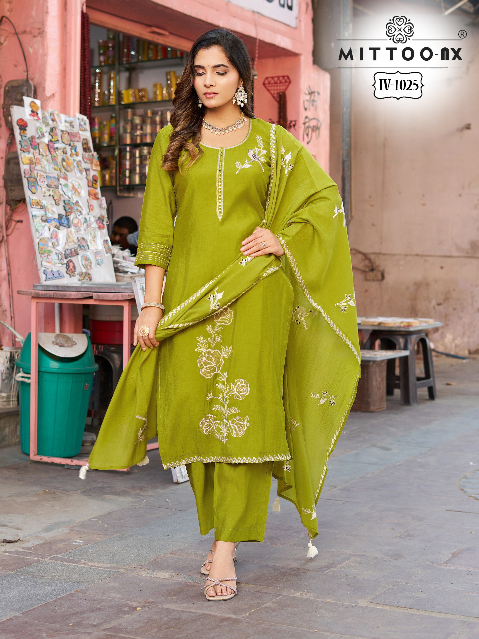 Mittoo Iv 1024 And 1025 Roman Silk Thread Work Kurti Pant And Dupatta