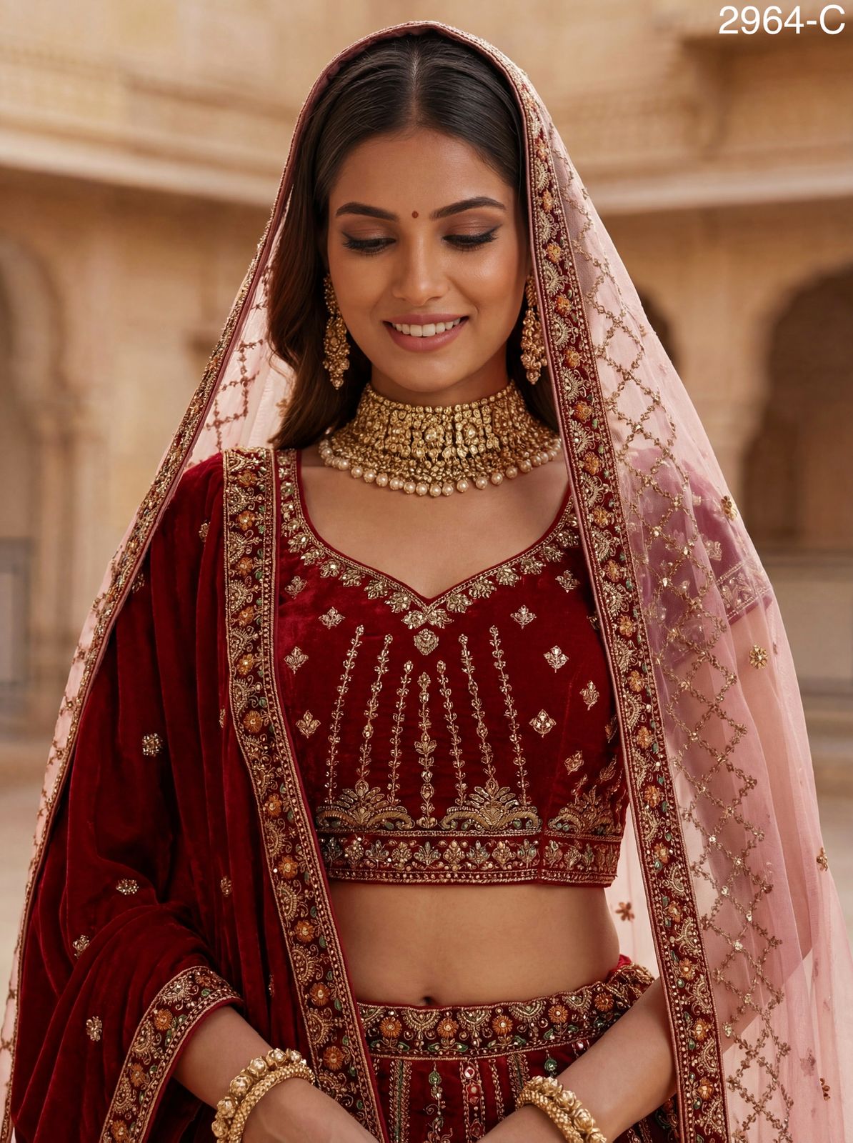 Anjani 2964 Patchwork Embroidery on Velvet Lehenga choli with Two Beautiful Dupatta Collection 