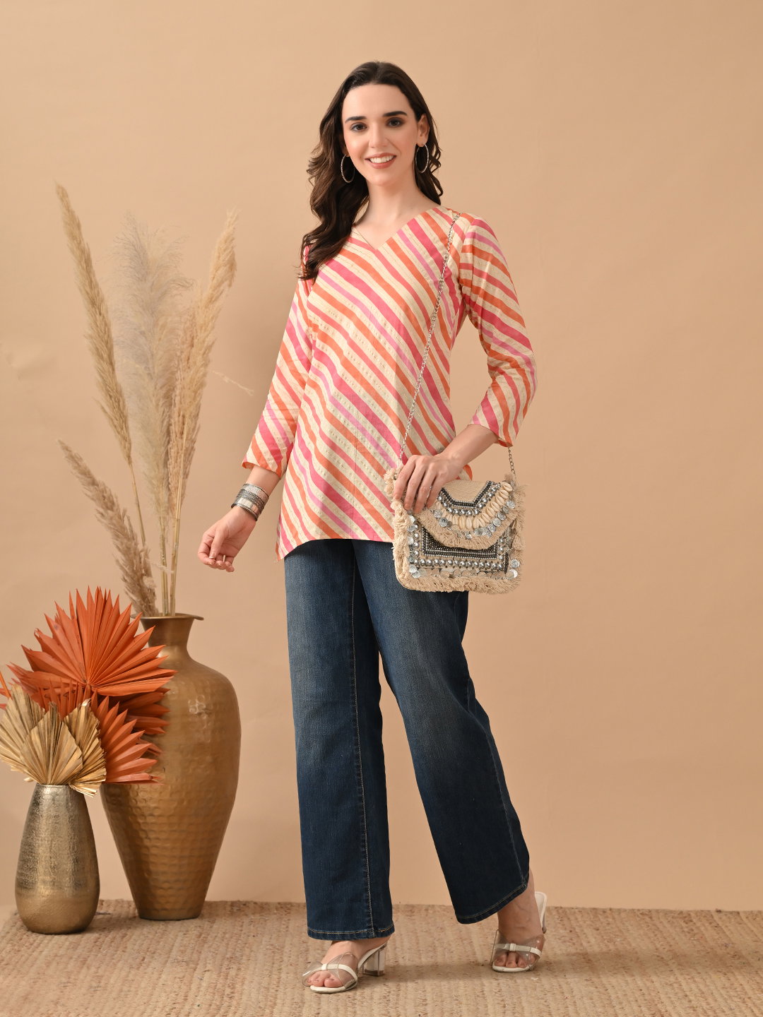Hr C 163 Cambric Cotton Stripe Printed Ladies Top
