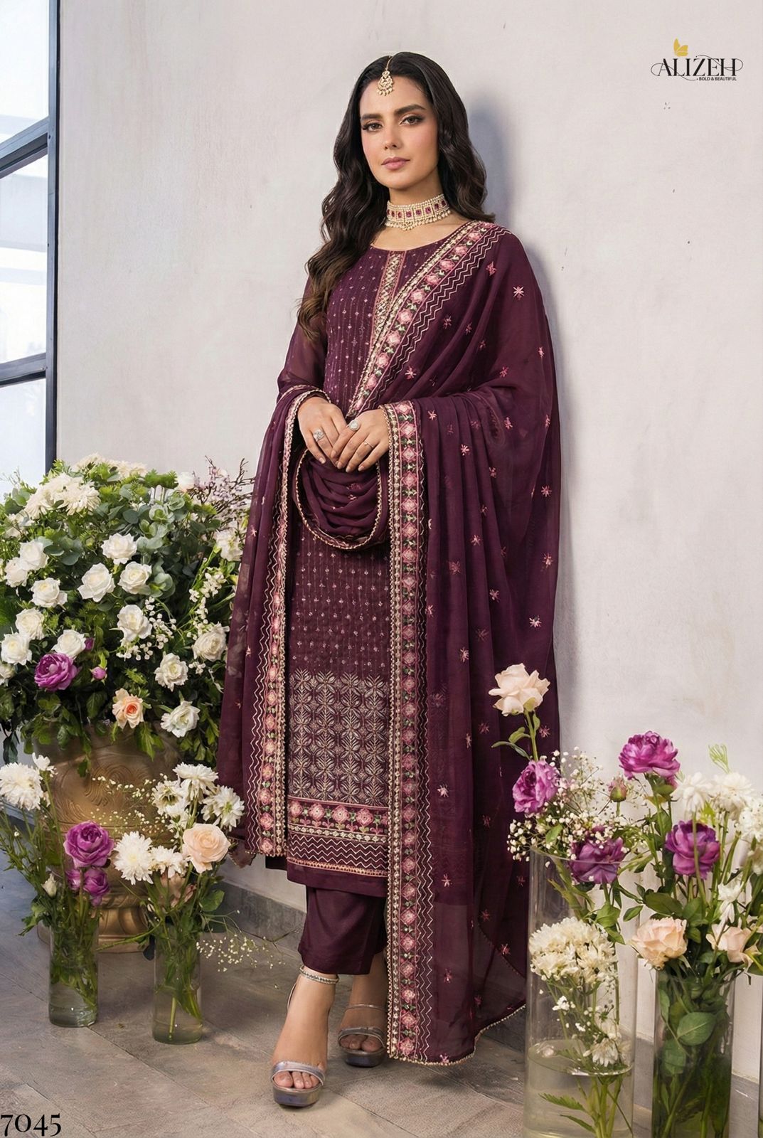 Alizeh 7045 Georgette With Work Kurti Pant And Dupatta Collection