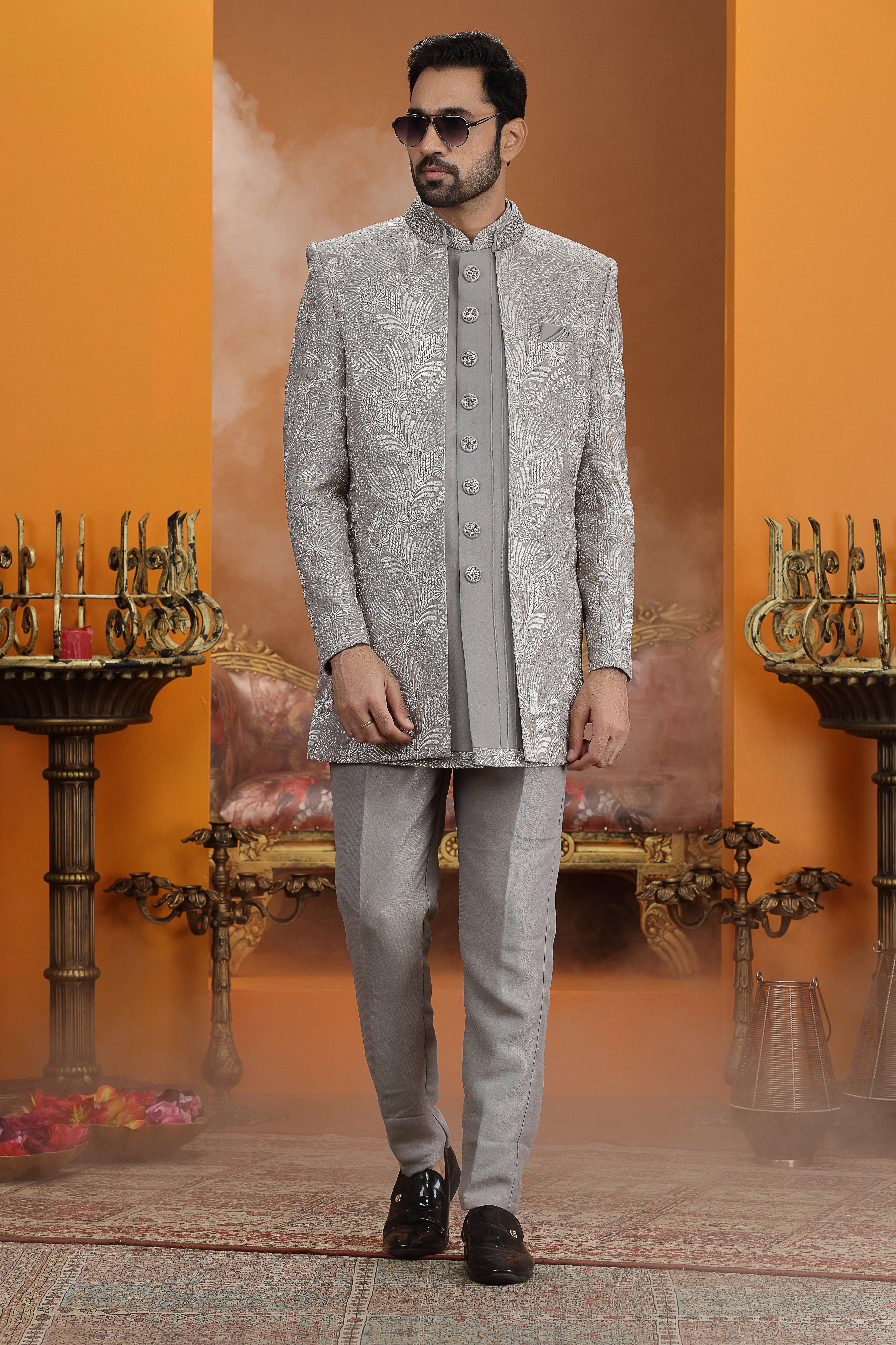 Sumi 4063 To 4064 Handwork On Nack Button Art Silk 3 Piece jacket Set Collection 