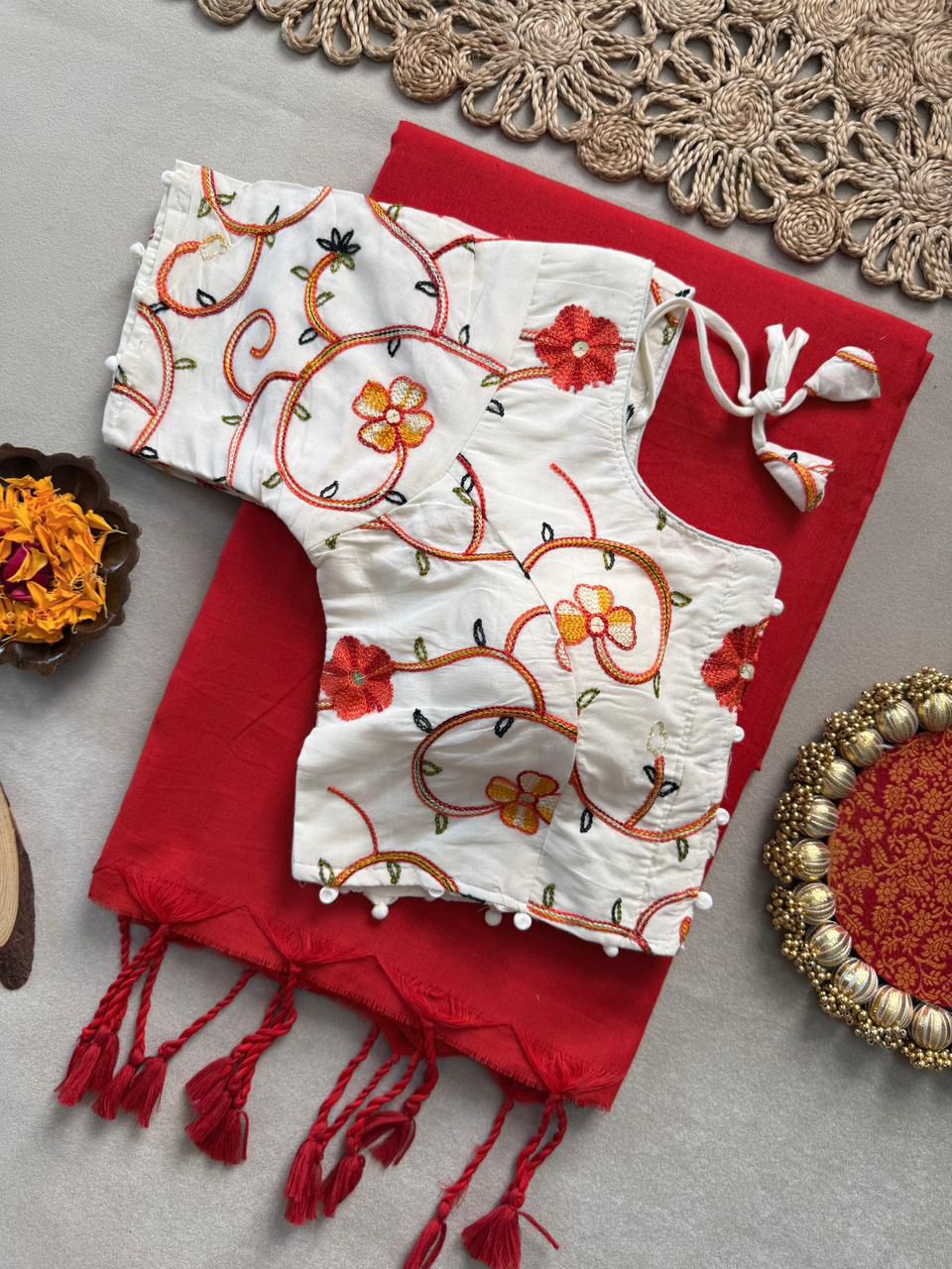 Lekha CF 196 Khadi Cotton Plain Saree With Embroidery Readymade Blouse