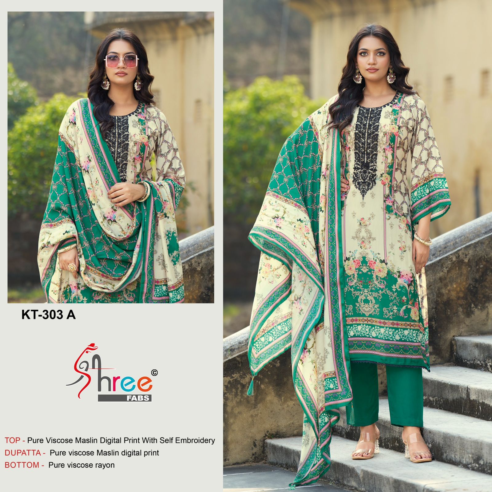 Shree Kt 303 A To D Viscose Maslin Digital Printed With Embroidery Salwar Kameez