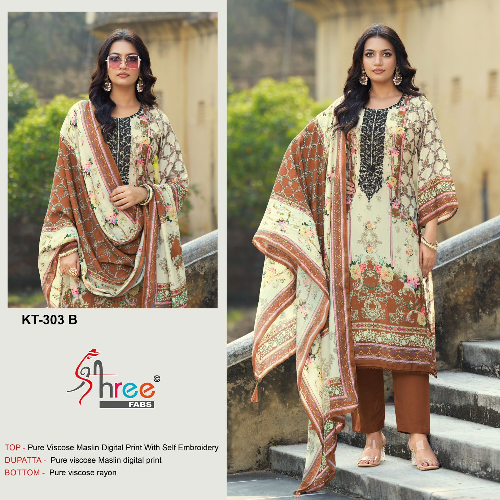 Shree Kt 303 A To D Viscose Maslin Digital Printed With Embroidery Salwar Kameez