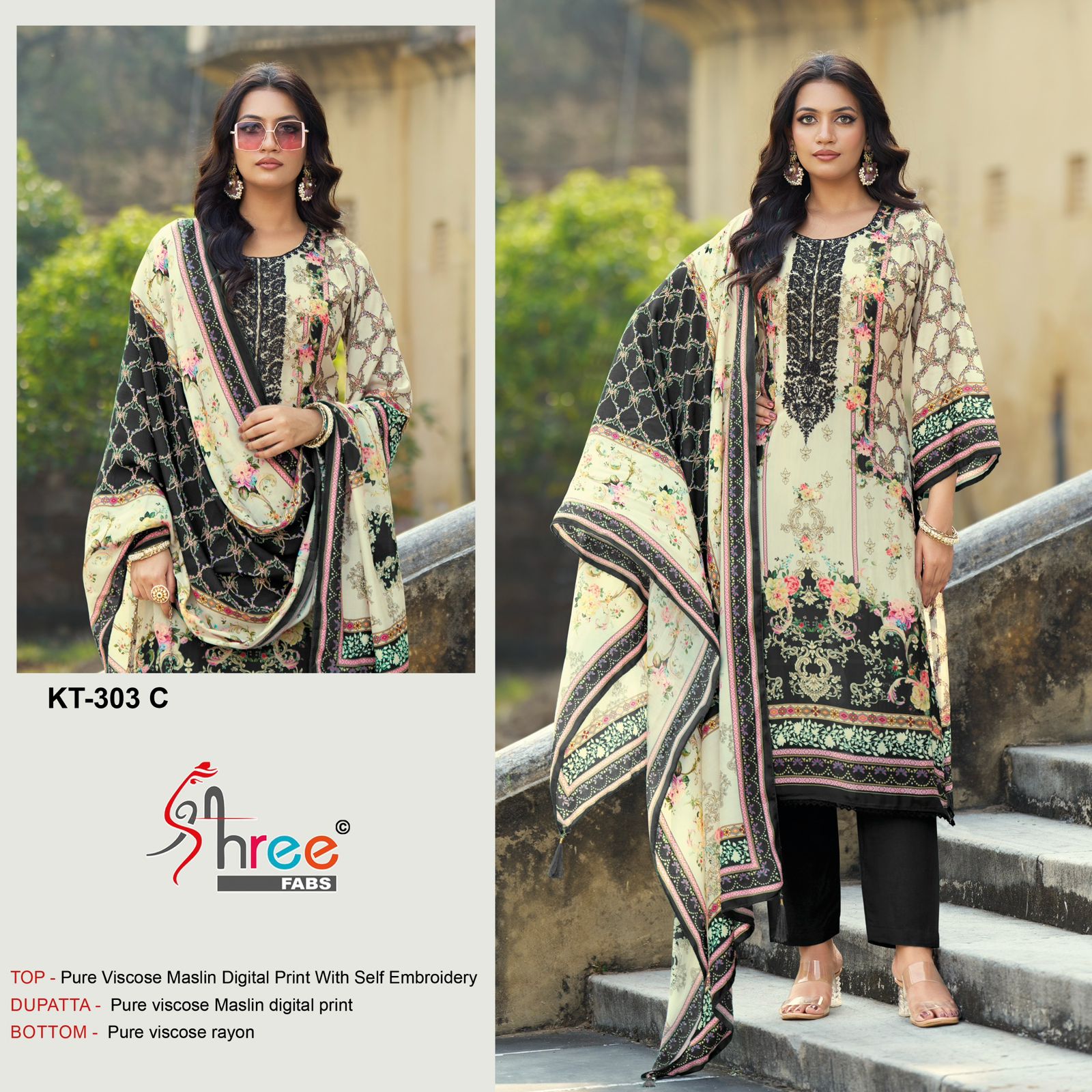 Shree Kt 303 A To D Viscose Maslin Digital Printed With Embroidery Salwar Kameez