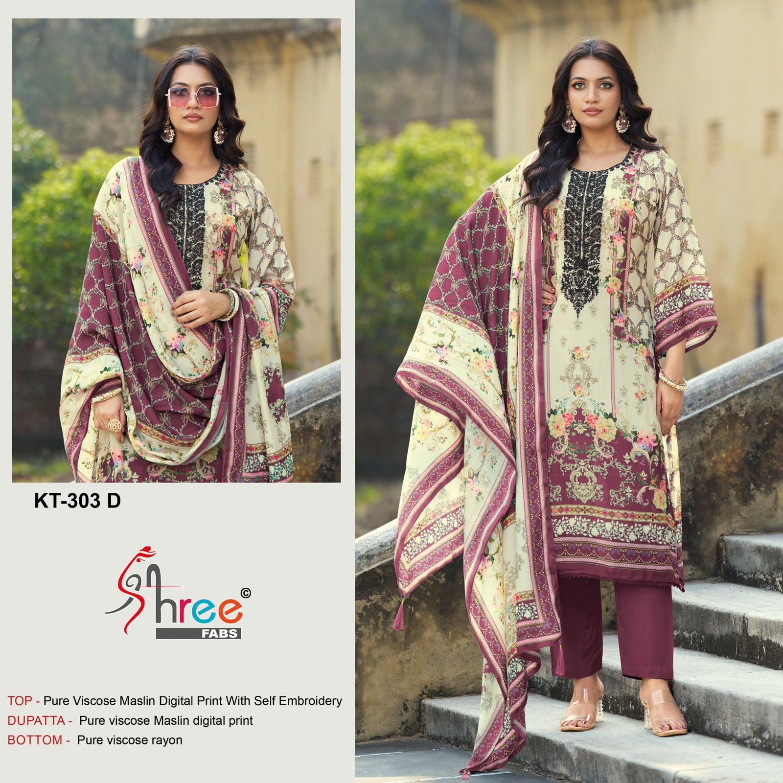 Shree Kt 303 A To D Viscose Maslin Digital Printed With Embroidery Salwar Kameez