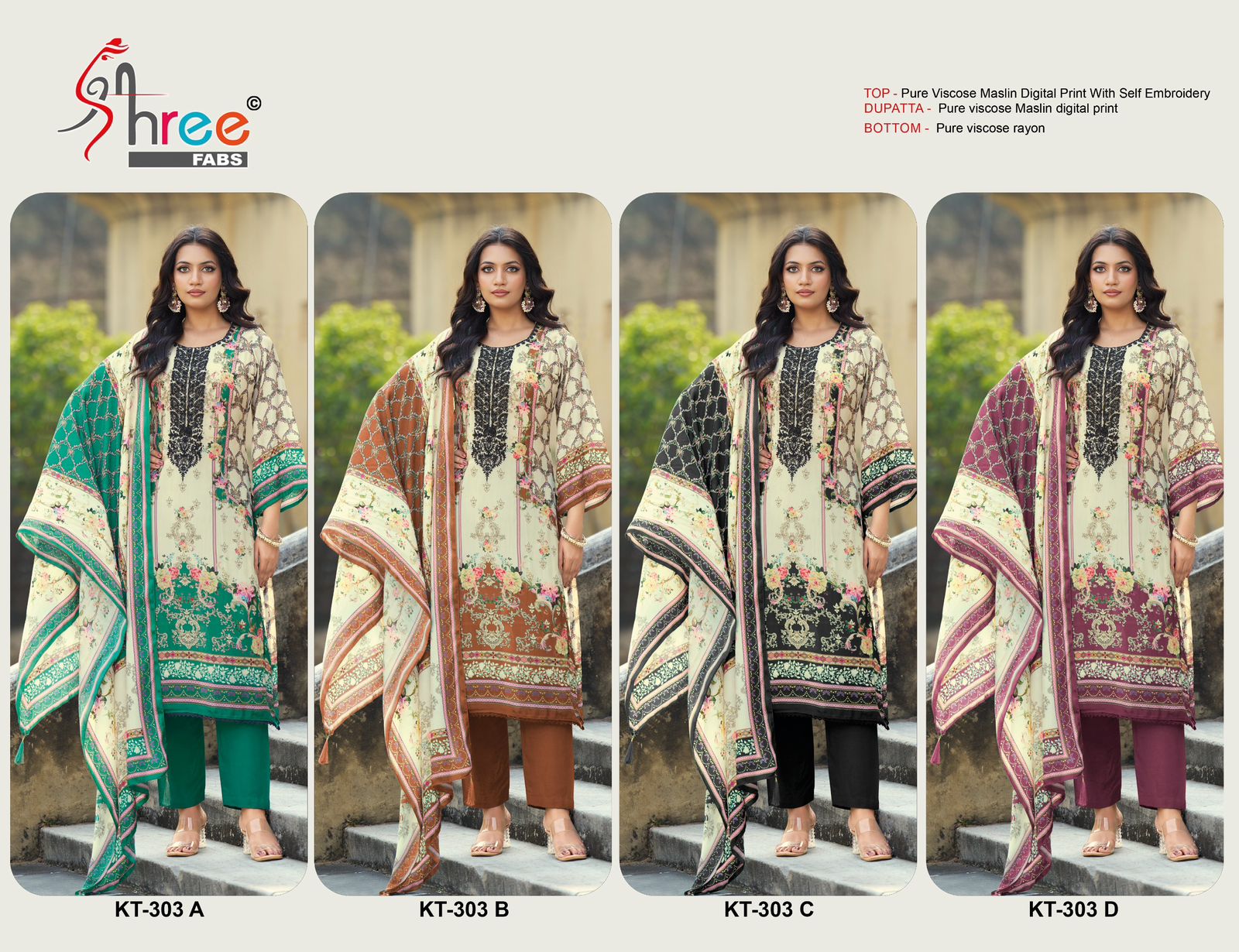 Shree Kt 303 A To D Viscose Maslin Digital Printed With Embroidery Salwar Kameez